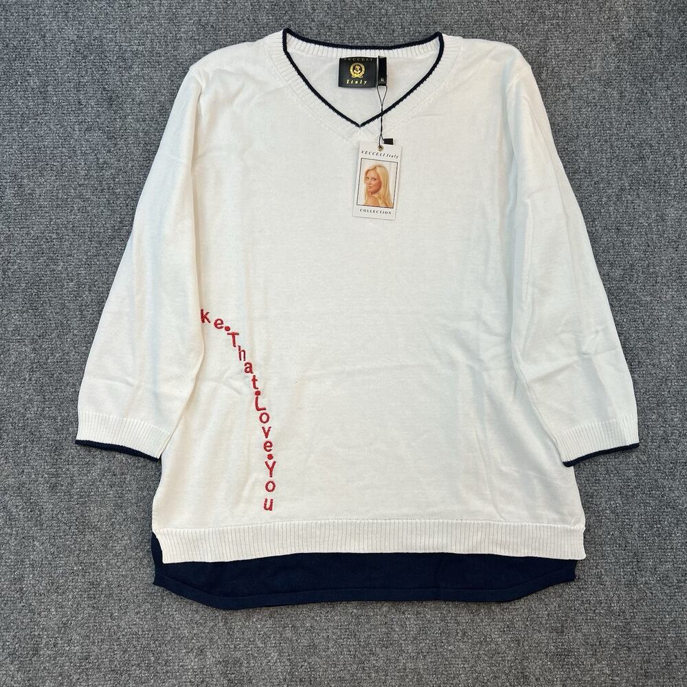 NWT Vecceli Italy White Navy Trim Sweater Top Size M